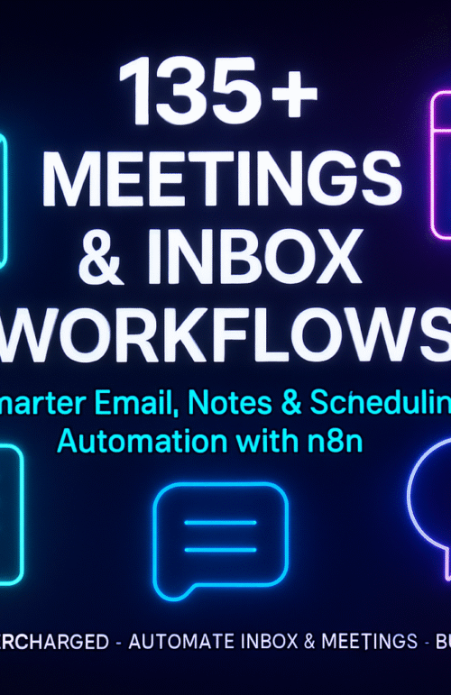 Neon-themed banner showing icons for email, calendar scheduling, notes, chat, and messages around the title “135+ Meetings & Inbox Workflows – Smarter Email, Notes & Scheduling Automation with n8n.”