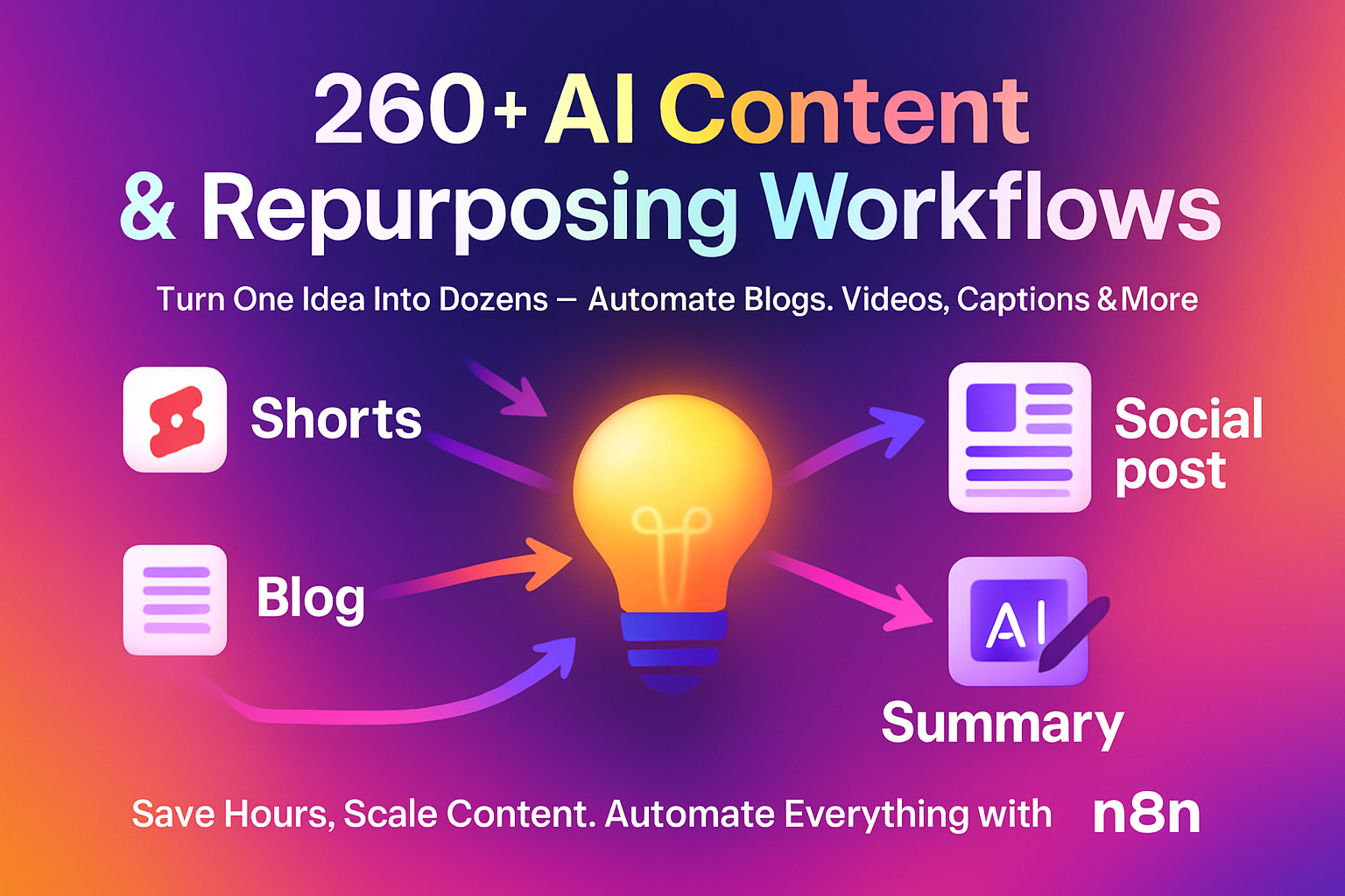 Neon-themed banner showing icons for email, calendar scheduling, notes, chat, and messages around the title “135+ Meetings & Inbox Workflows – Smarter Email, Notes & Scheduling Automation with n8n.”