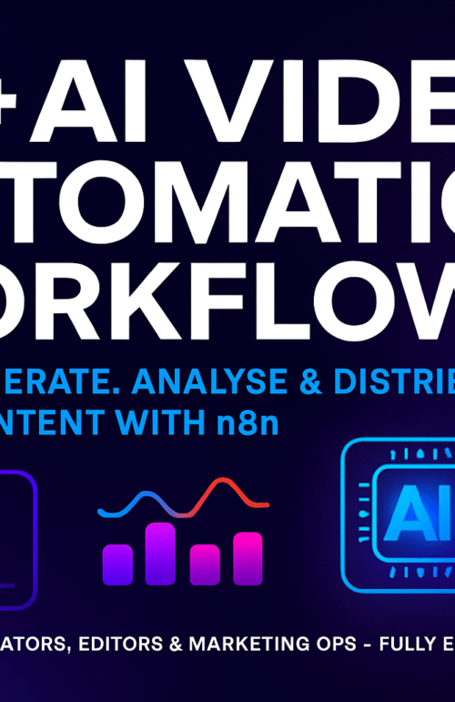 Neon-style banner showing “50+ AI Video Automation Workflows” with icons for video generation, analytics, AI processing, and multi-platform distribution to YouTube, TikTok, and Instagram.