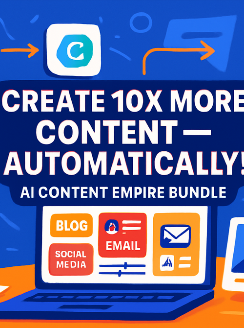 Illustration showing AI Content Empire Bundle automating blogs, social media, and emails using Make.com, Notion, ChatGPT, and Canva.