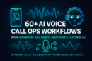 Neon-themed banner showcasing “60+ AI Voice Call Ops Workflows” with icons of a phone, headset, microphone, and sound waves representing AI voice automation and call agents.