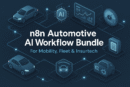 Dark blue automotive banner showing cars, AI chip icon, analytics dashboard, speedometer, checklist, and connected workflow lines around the title “n8n Automotive AI Workflow Bundle – For Mobility, Fleet & Insurtech.”