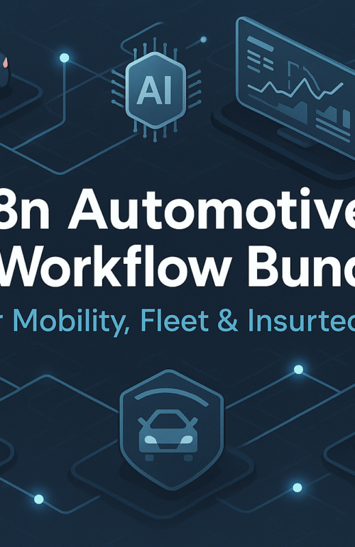 Dark blue automotive banner showing cars, AI chip icon, analytics dashboard, speedometer, checklist, and connected workflow lines around the title “n8n Automotive AI Workflow Bundle – For Mobility, Fleet & Insurtech.”