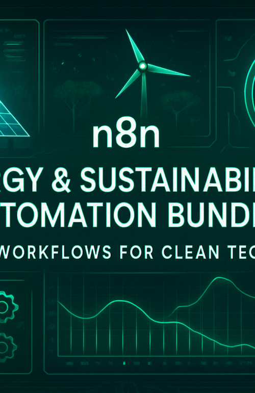 Green-themed banner showing solar panels, a wind turbine, energy meters, workflow icons, and graphs surrounding the title “Energy & Sustainability Automation Bundle – AI Workflows for Clean Tech.”