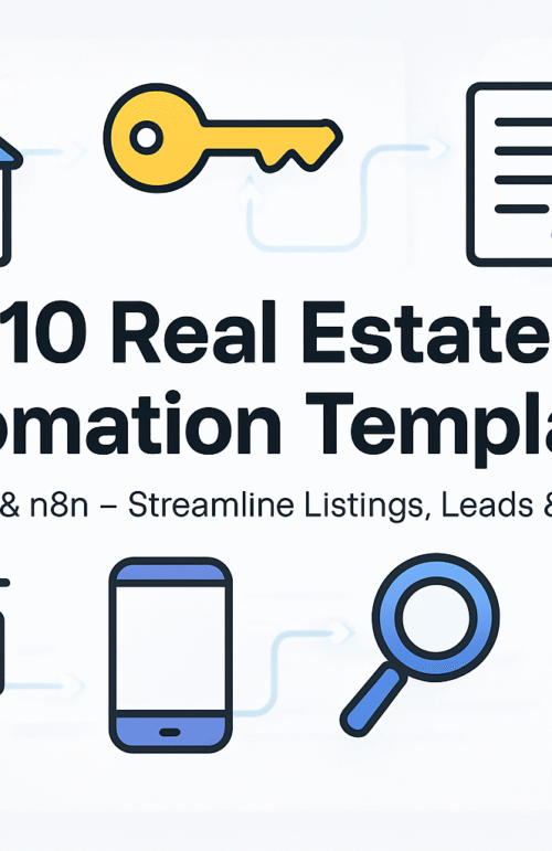 Banner showing icons of a house, key, contract, map pin, rent sign, smartphone, search tool, and calendar around the title “10 Real Estate Automation Templates – Built with AI & n8n.”