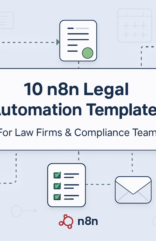 Illustrated banner featuring legal-themed icons—gavel, documents, checklist, notifications, shield—around the title “10 n8n Legal Automation Templates for Law Firms & Compliance Teams.”