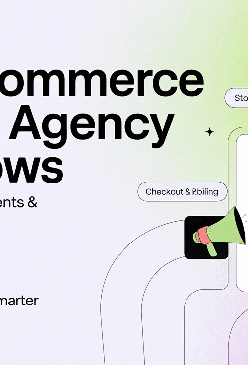 Illustration showing e-commerce automation with N8N for store management, checkout, billing, marketing, and fulfillment.