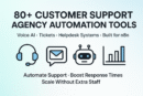 Banner showing icons for a headset, message inbox, chatbot, and analytics chart around the title “80+ Customer Support Agency Automation Tools – Voice AI, Tickets, Helpdesk Systems, Built for n8n.”